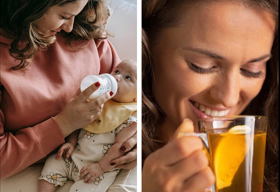 Mother feeding baby and woman drinking hot drink with water from spring water dispenser