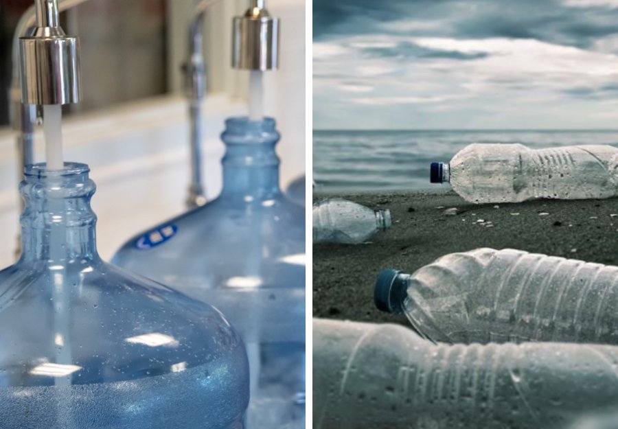 Reusable 15L water bottles vs. single-use plastic bottles on the beach
